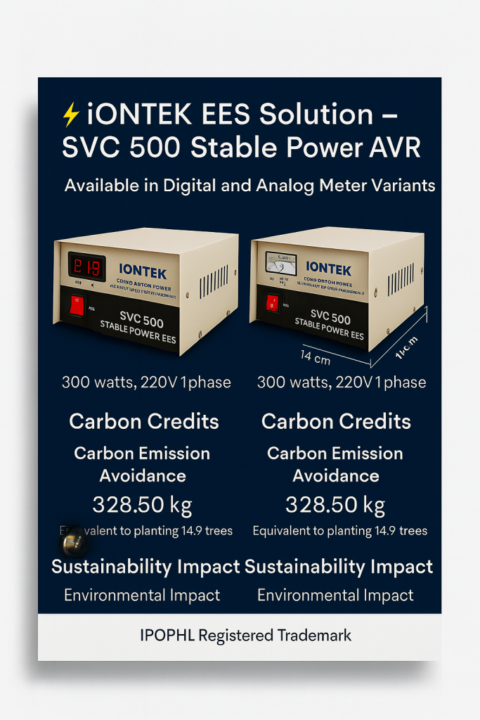 iONTEK SVC 500 Stable Power AVR showing digital meter and analog voltmeter variants side by side, each displaying 300 watts 220V 1phase capacity with carbon emission avoidance of 328.50 kg equivalent to 14.9 trees planted, dimensions 14cm x 11cm